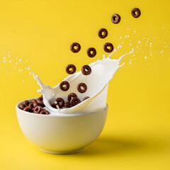 Chocolate cereal splash in milk on yellow background