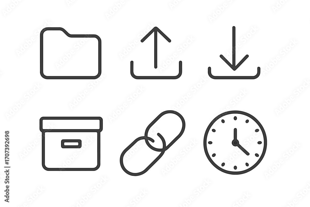 Poster minimalistic interface icons set folder upload download archive link clock vector cartoon illustrati