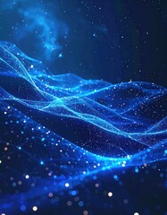 A textured blue digital landscape with glowing dots and connected lines against a nebula sky. Digital art style with vibrant hues