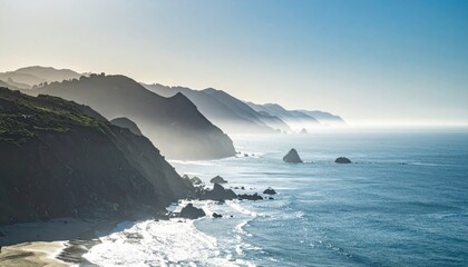 Morning sea haze bleaching distant headlands desaturated coastal mood with left margin copy space calm minimal seascape