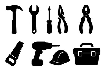Silhouette tool icons set with hammer, wrench, screwdriver, pliers, saw, drill, safety helmet, and toolbox, vector cartoon illustration, transparent background, ordered construction tools collection