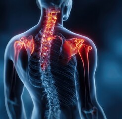 3D anatomical illustration highlighting painful shoulder and spine joints, showcasing a detailed skeletal structure with emphasized areas of discomfort.