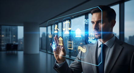 Businessman interacting with futuristic digital interface overlaying cityscape