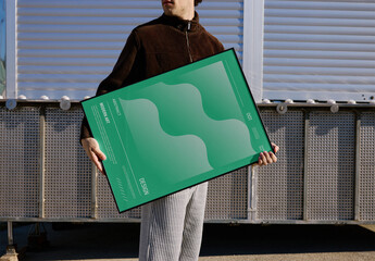 Mockup Of Man Holding Horizontal Customized Framed Artwork
