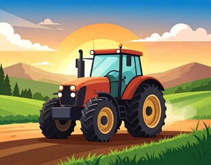 Fototapeta premium Tractor on a dirt road at sunset