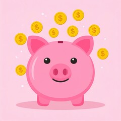 A cheerful pink piggy bank with golden coins falling into the slot.