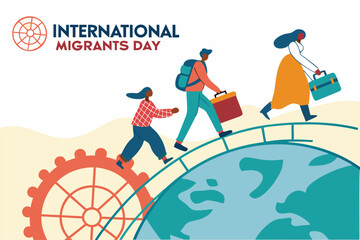 International Migrants Day. Diverse group of people with luggage moving across a stylized globe, pathways and bridges. Flat vector illustration.