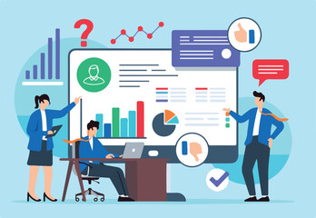Flat illustration of team evaluating survey data to solve customer service issues on computer screen