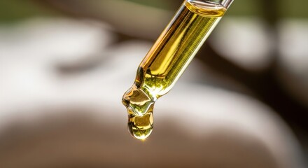 Luxurious golden oil dripping from pipette for beauty, aromatherapy, and wellness product promotion