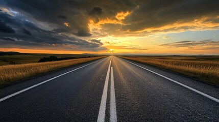 Naklejka premium Asphalt road stretches into a dramatic sunset
