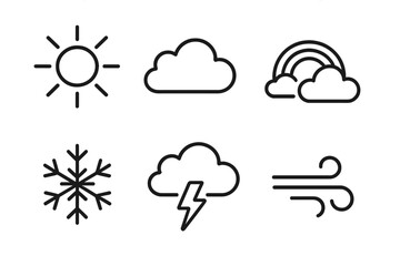 Weather icons set with sun, cloud, rainbow, snowflake, lightning, and wind in simple line art style, vector cartoon illustration, transparent background, ordered set design