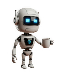 3d illustration of robot holding a cup of coffee isolated on transparent background with blue eyes
