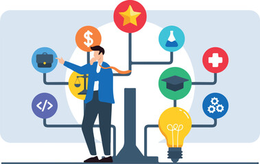 Flat illustration of businessman examining decision tree with various career options and paths