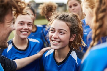 Happy teenage girls soccer team celebrating together on field, symbolizing teamwork, success, and motivation — perfect for sports marketing, school campaigns, and fitness promotions.