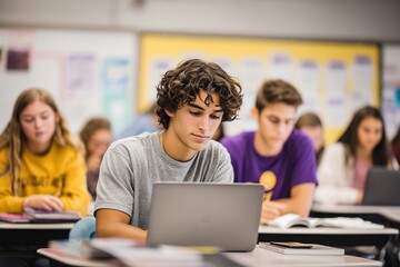 Focused high school hispanic student using laptop in classroom with classmates, symbolizing learning, education, and productivity — perfect for academic marketing and e-learning campaigns.