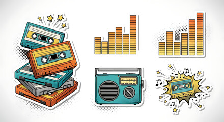Retro music pop art stickers stacked cassette tapes vintage radio audio equalizer bars.