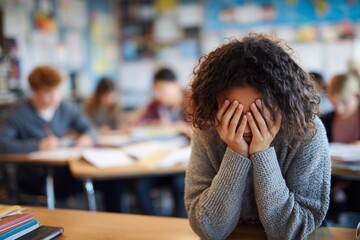 Stressed student sitting in classroom with head in hands, symbolizing anxiety, burnout, and academic pressure — ideal for mental health, education, and stress awareness campaigns.