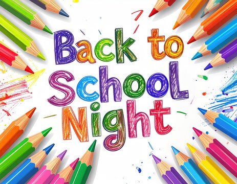 Colorful "Back to School Night" message with surrounding colored pencils and scattered paint splashes against a bright white background - Powered by Adobe