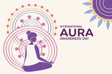 International Aura Awareness Day concept. Meditating figure with colorful glowing energy layers and abstract light waves. Flat vector illustration.
