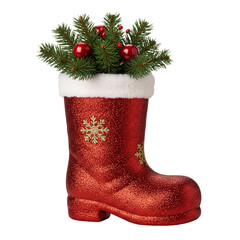 Red Christmas boot planter decorated with pine and berries on white  