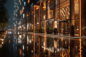 Modern Hotel Entrance in the Rain at Night