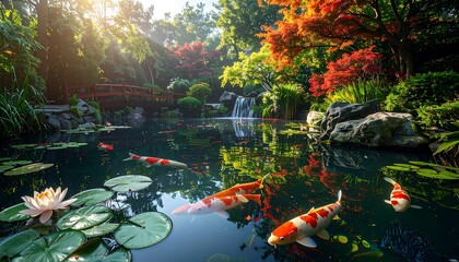 Tranquil Japanese garden pond scene
