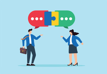 Flat illustration of two business people communicate with connected jigsaw puzzle speech bubbles solving problems through teamwork