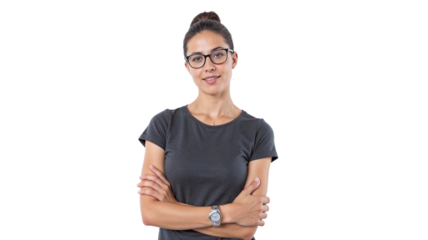 Young woman stands confidently against a plain wall with arms crossed, showcasing modern style and poise in a casual setting