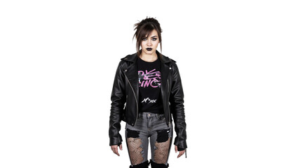 Young woman in black leather jacket and distressed shorts poses confidently in a studio setting