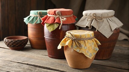 Crafted clay jars adorned with colorful cloth covers resting on a rustic wooden table in a cozy artisan workshop