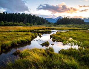 Tranquil meadow stream at sunset