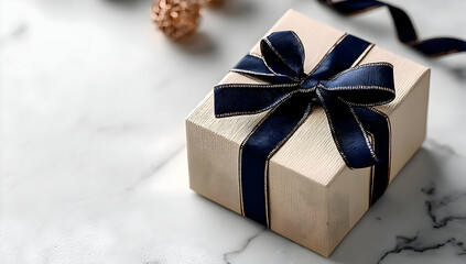 Elegant gift box with a navy ribbon on a marble background, perfect for celebrations and special occasions.