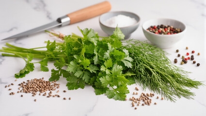 Fresh coriander and dill with spices, salt and knife on marble kitchen table for cooking preparation scene