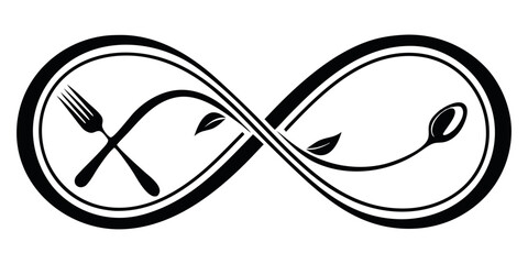 Elegant infinity symbol featuring fork spoon and leaves symbolizing endless dining and natural cuisine