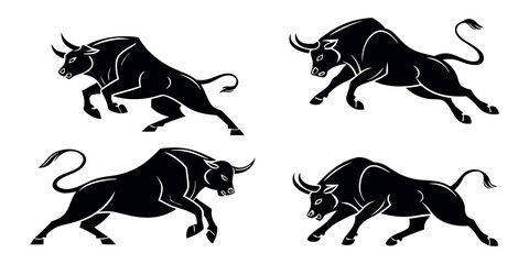 Four Dynamic Bull Silhouettes