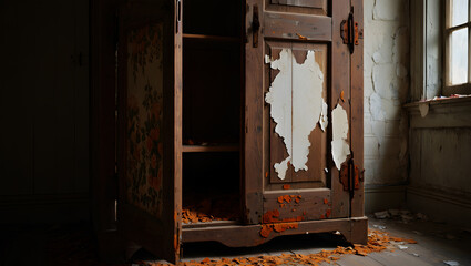 Obraz premium Abandoned Wooden Wardrobe in a Dilapidated Room cabinet furniture