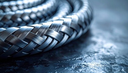 Braided stainless hose macro cool metallic tonality with right margin copy space clean industrial product background