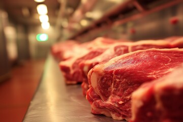 Raw Beef and Pork Processing in the Meatpacking Industry: Unprocessed Meat Cuts for Wholesale Trade and Delicatessen Preparation in Cold Storage Warehouses