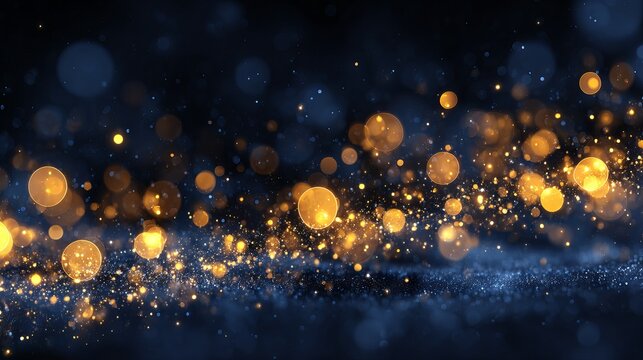 Dreamy holiday illumination with glowing Christmas garland lights on dark blue background featuring large soft bokeh orbs festive backdrop for greeting cards banners web headers and seasonal designs
