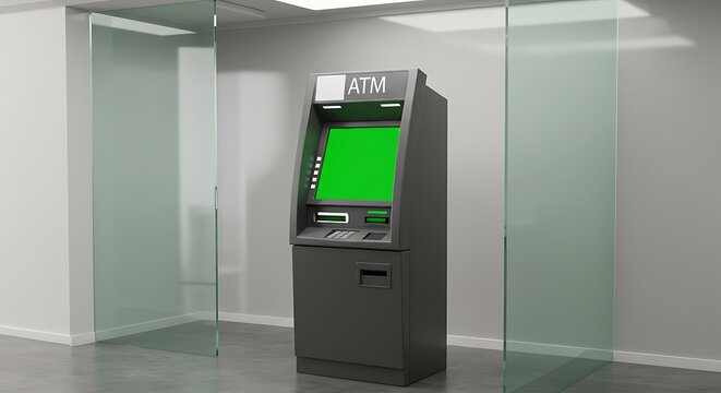 Contemporary automated teller machine featuring a blank green screen for customizable content in a modern, bright office setting