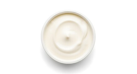 A fresh bowl of natural plain yogurt or creamy dip with a smooth swirl texture, viewed from the top down isolated on a white background