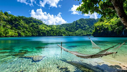 Tranquil tropical lagoon with hammock