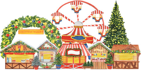 Naklejka premium Watercolor illustration of a festive Christmas market with food stalls and a vintage Ferris wheel. Perfect for holiday cards, posters, prints, and seasonal festive designs.