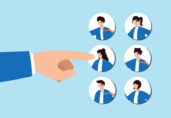 Flat illustration of giant finger pointing at chosen candidate employee recruitment job hiring new position choose hr human resources interview talent headhunter