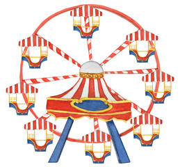 Watercolor illustration of a vintage Ferris wheel carousel at a Christmas market. Perfect for holiday cards, posters, prints, and festive seasonal designs.