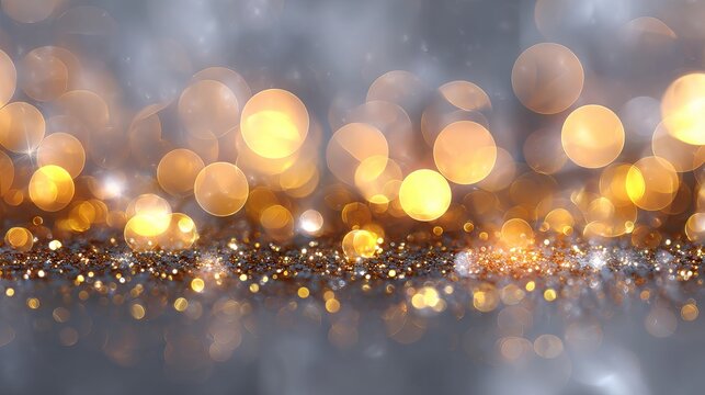 Dreamy silver and gold bokeh lights background with large soft glowing orbs elegant festive abstract glitter blur ideal for holiday cards banners web headers and product mockups - Powered by Adobe