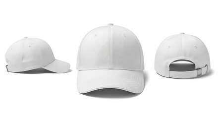 A clean, professional visual of a blank white baseball cap, captured from various angles for clothing and headwear advertising and product listings.