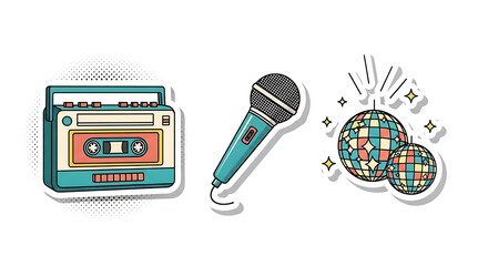 Set of retro 80s music icons a boombox microphone and disco balls in a colorful pop art sticker style.