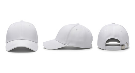 Three-angle studio shot of a plain white baseball cap, showcasing the front, side, and adjustable back strap, perfect for e-commerce.
