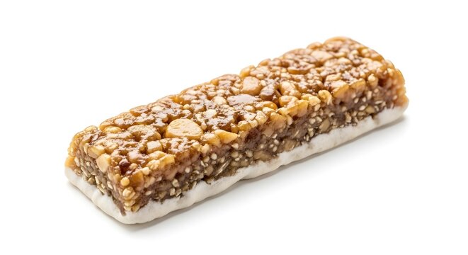 A single nutritious energy bar made with mixed nuts, seeds, and puffed grains with a sweet yogurt coating, an ideal healthy snack isolated on a white background - Powered by Adobe